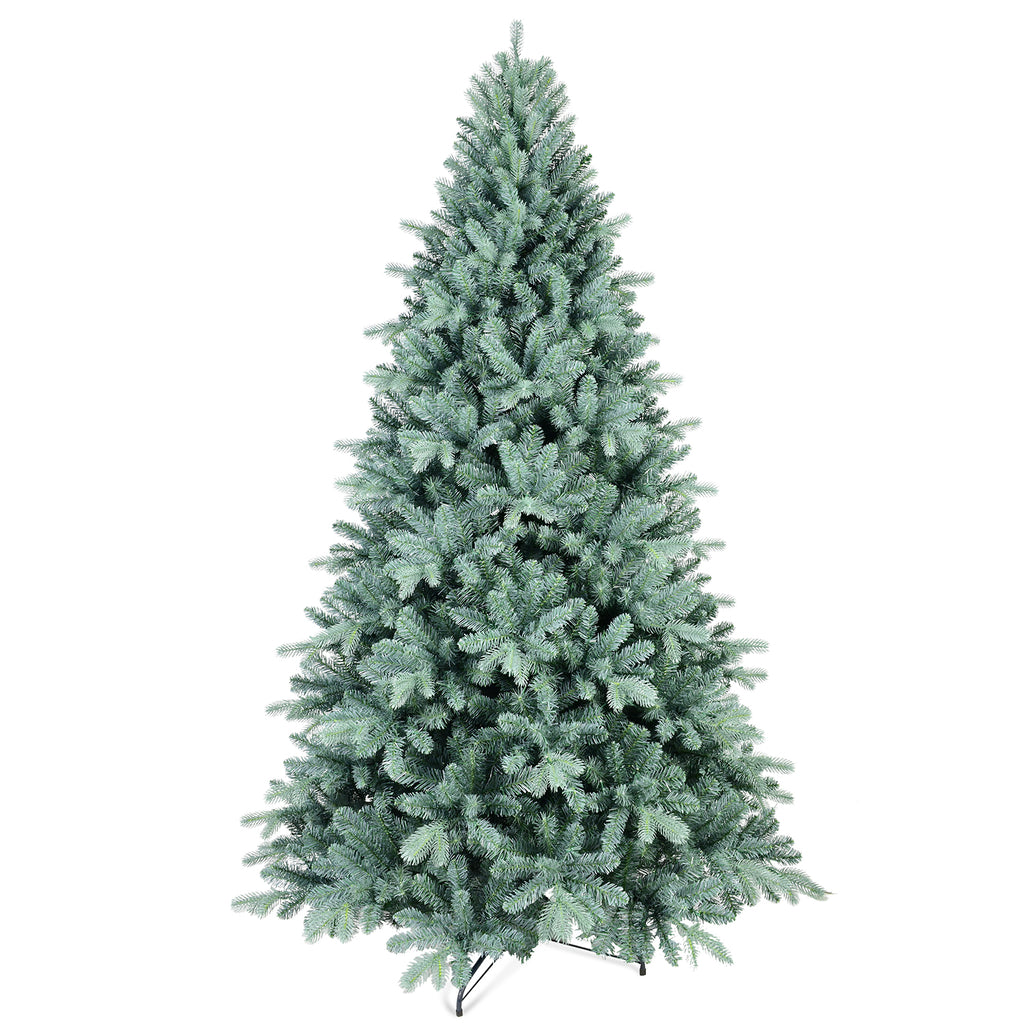 Full blue Christmas tree in decorated living room for Christmas