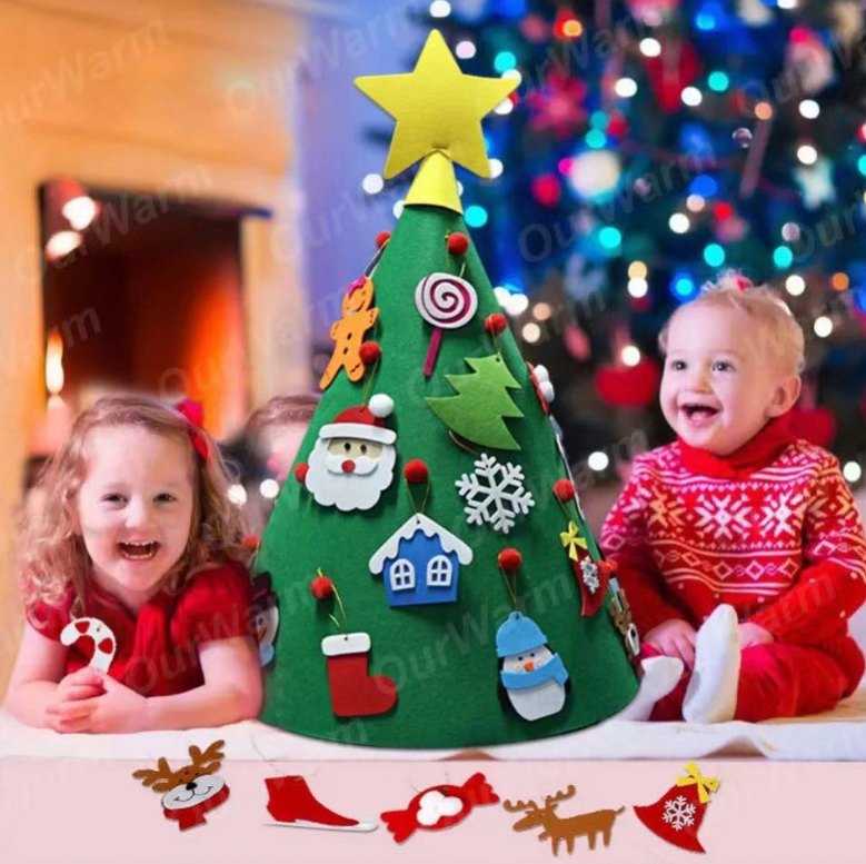 Creative felt craft supplies arranged for Christmas tree puzzle assembly