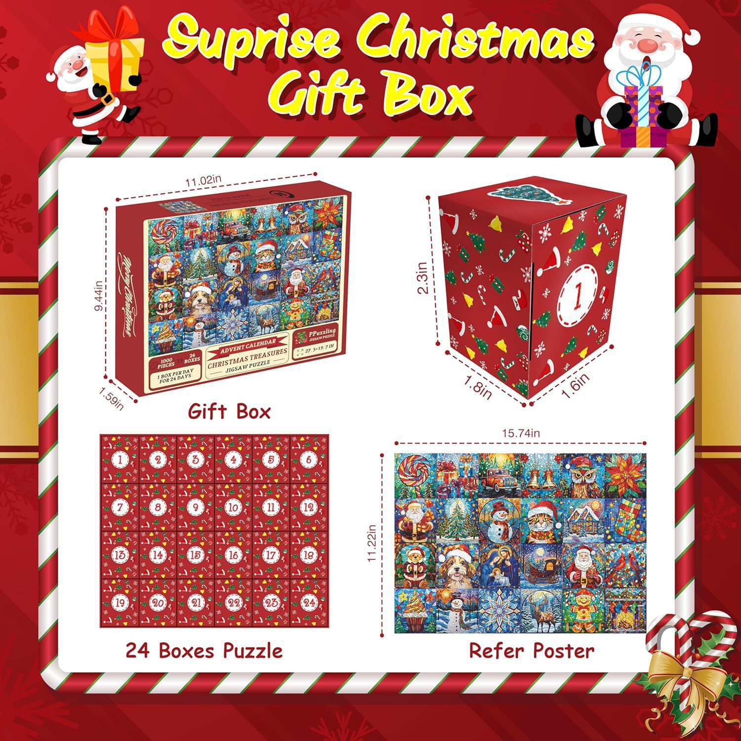 Christmas puzzle countdown calendar with red and green festive color scheme