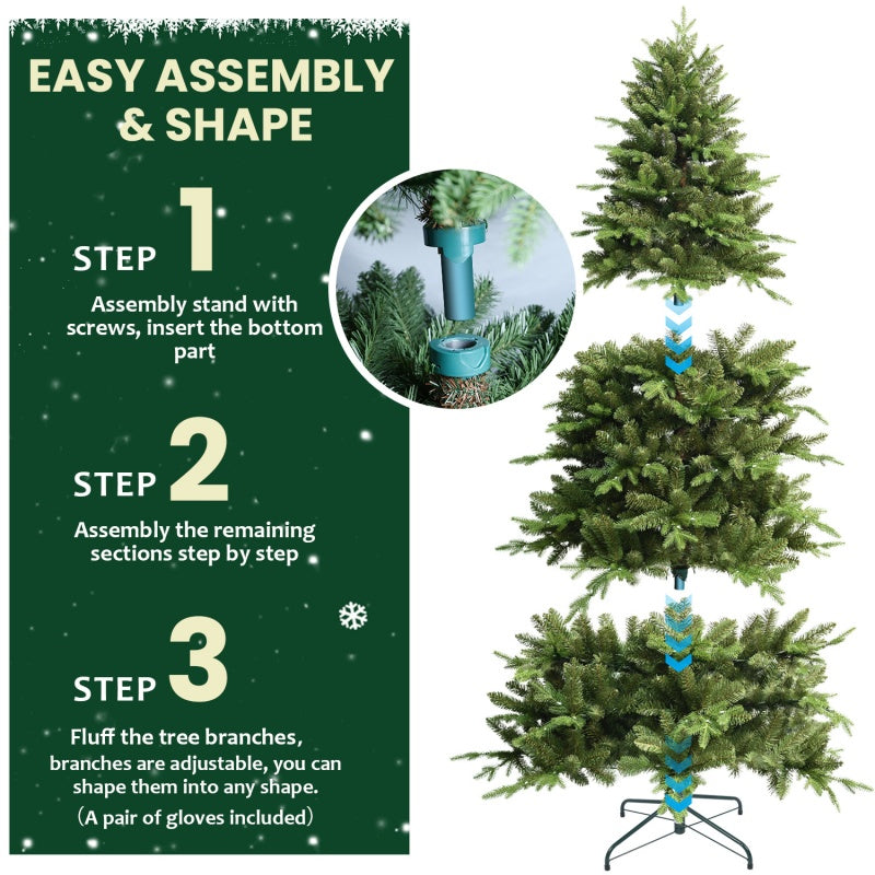 Person decorating a tall pre-lit Christmas tree with ornaments and string lights