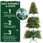 Person decorating a tall pre-lit Christmas tree with ornaments and string lights