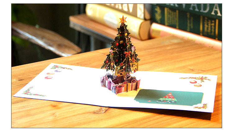 3D-style Christmas greeting card with evergreen tree design