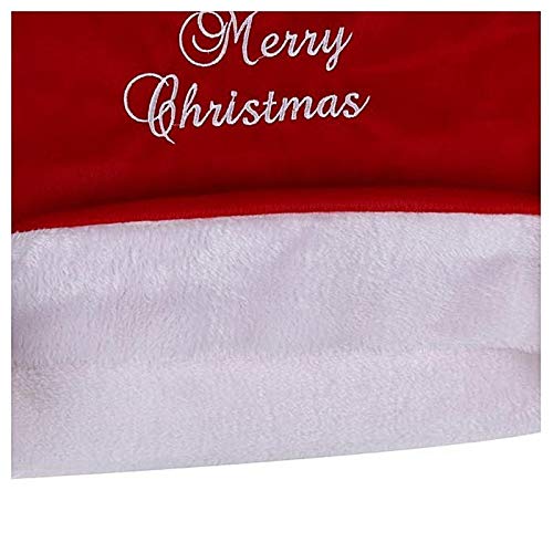 Set of red embroidered Christmas chair covers shown arranged for holiday entertaining