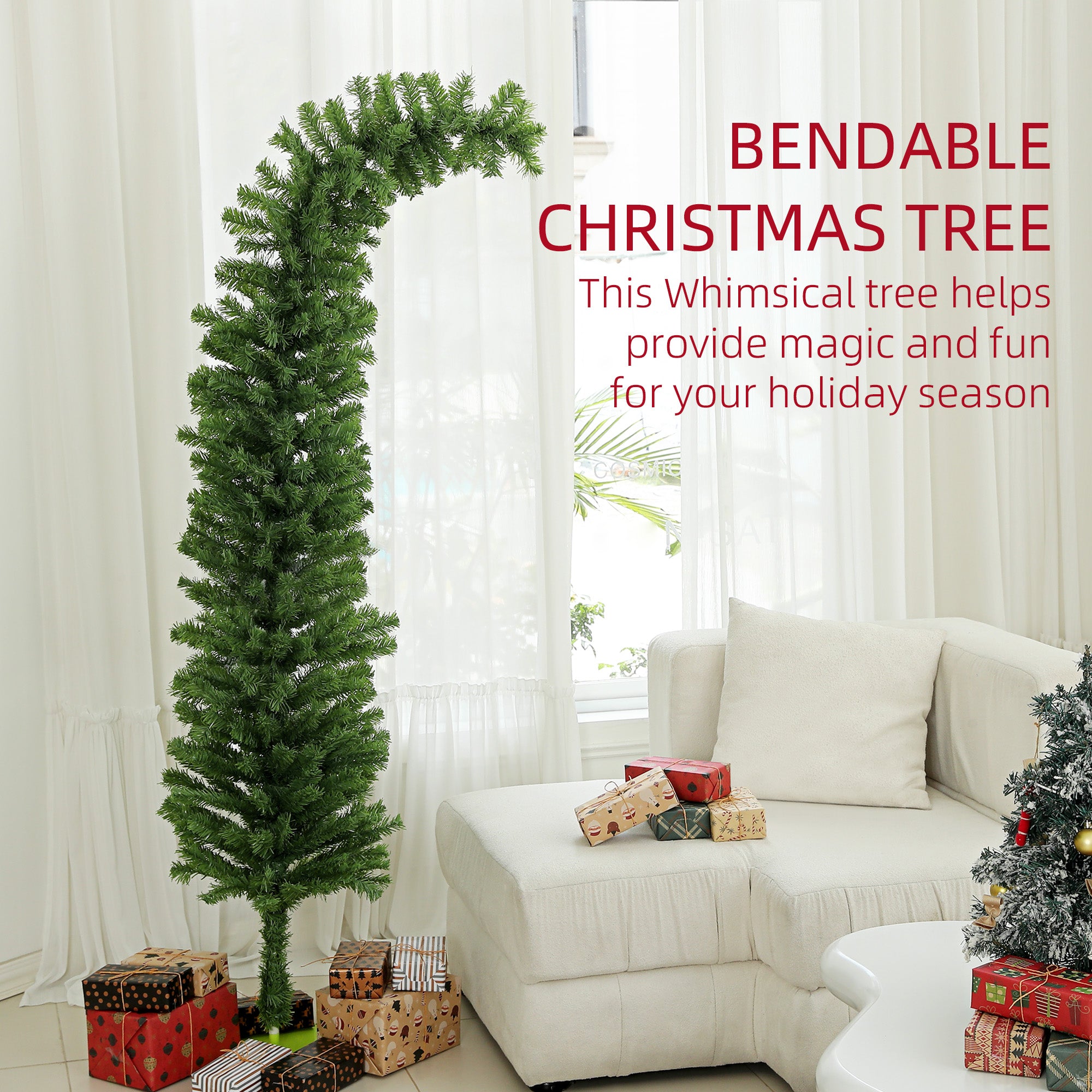 6ft green pencil Christmas tree in festive home setting