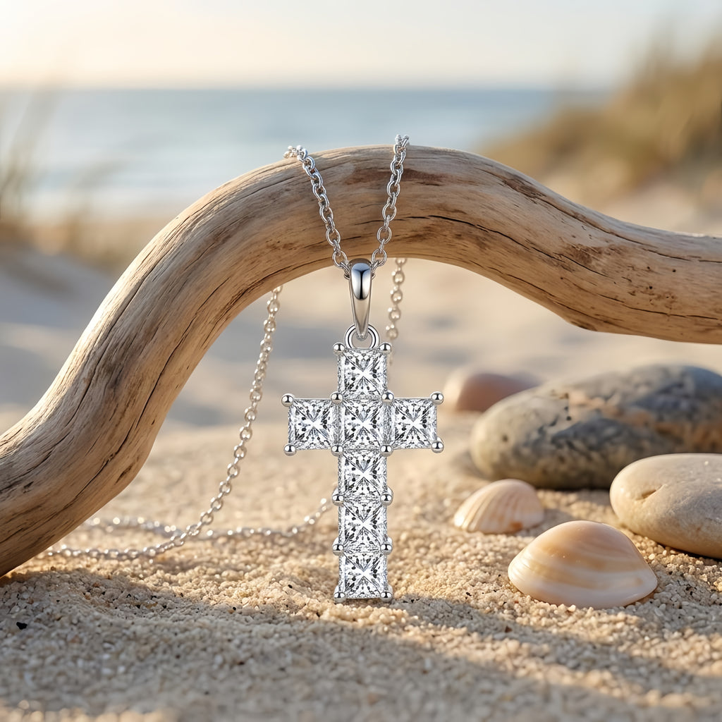 Sterling Silver CZ Cross Pendant Necklace featuring princess-cut stones in a cruciform pattern