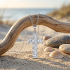 Sterling Silver CZ Cross Pendant Necklace featuring princess-cut stones in a cruciform pattern