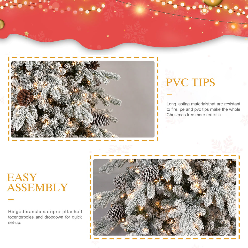 Flocked Christmas tree branches showing snow texture and pine cones