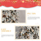 Flocked Christmas tree branches showing snow texture and pine cones