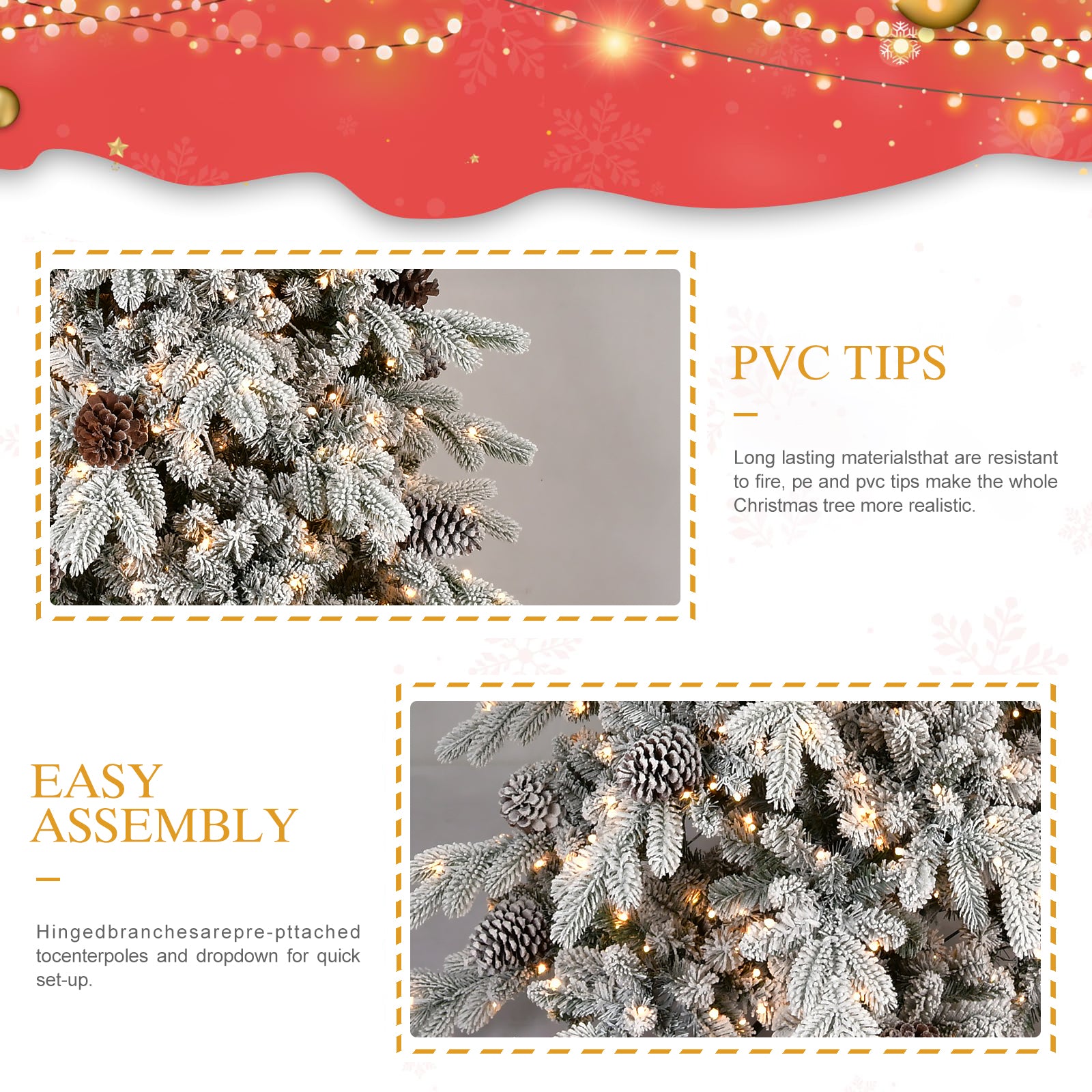 Flocked Christmas tree branches showing snow texture and pine cones