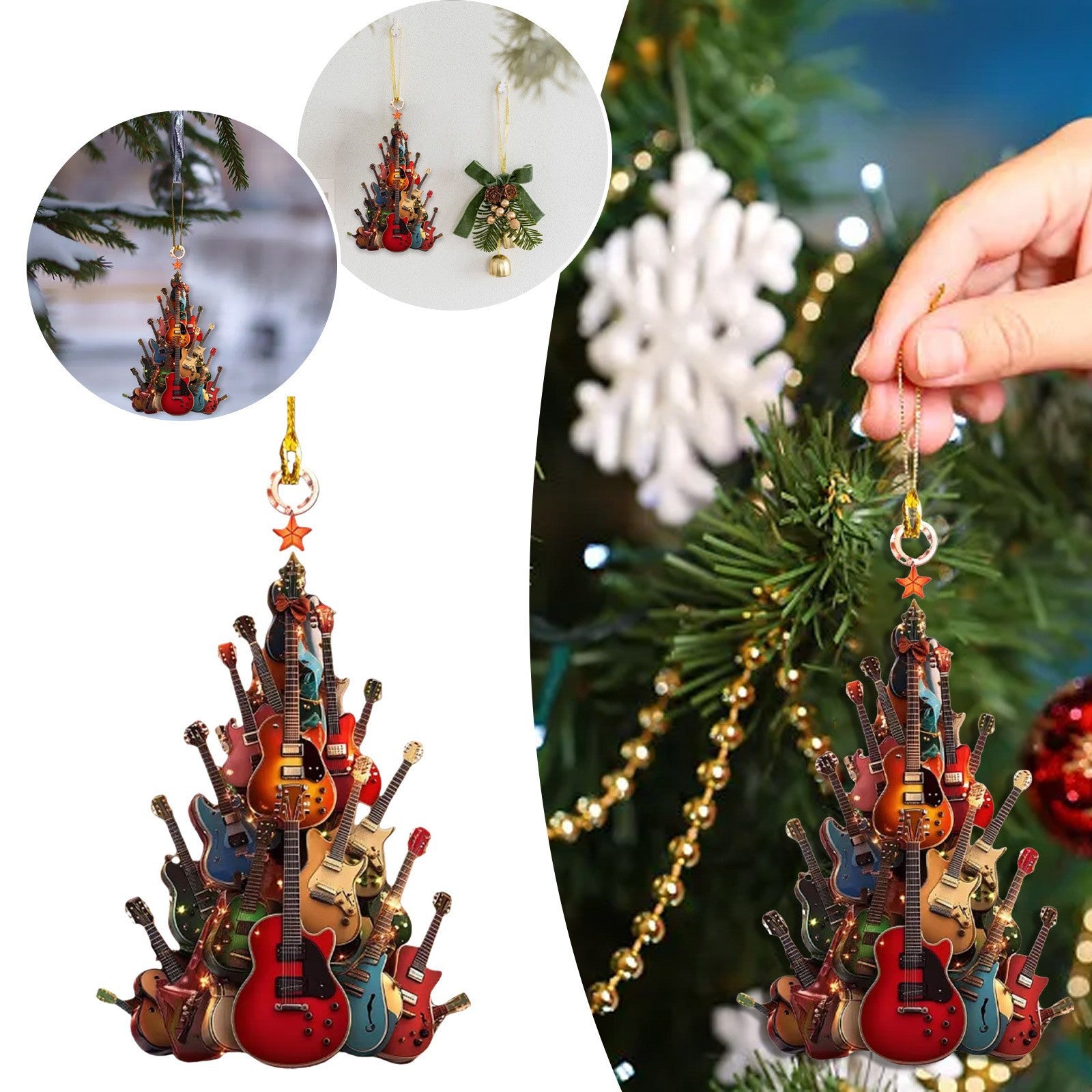 Guitar Christmas tree ornament hanging on decorated evergreen tree