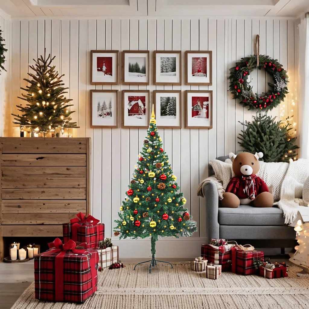 Illuminated Christmas tree with stylish branches and colorful baubles at evening