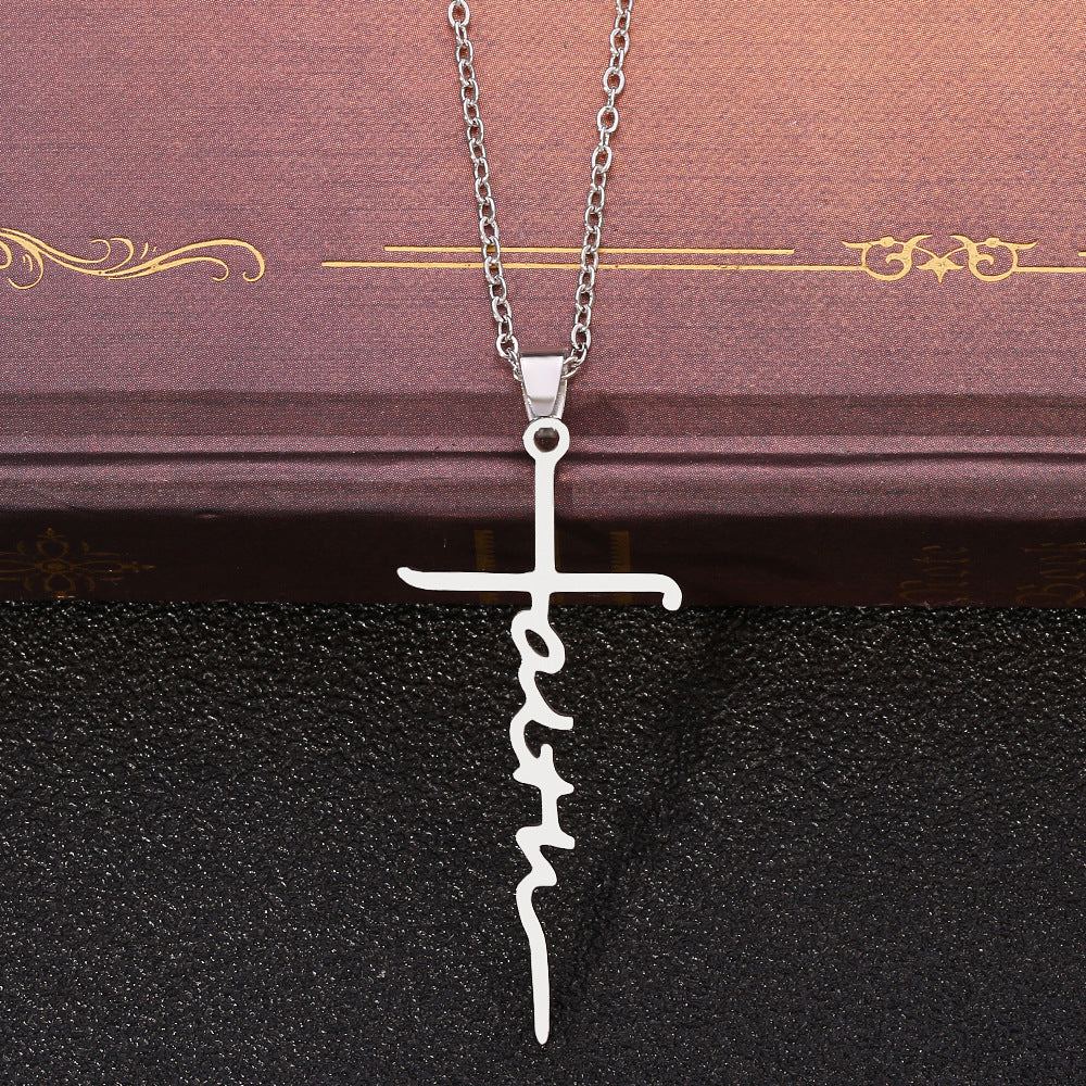 Jesus Cross Letter Pendant Necklace in rose gold finish