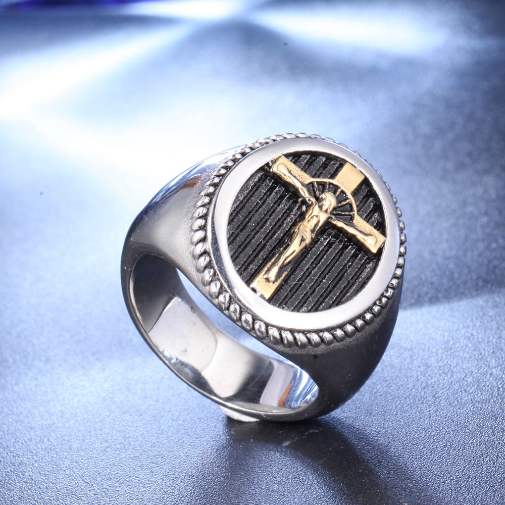 Minimal design Jesus cross ring for men in warm gold tone