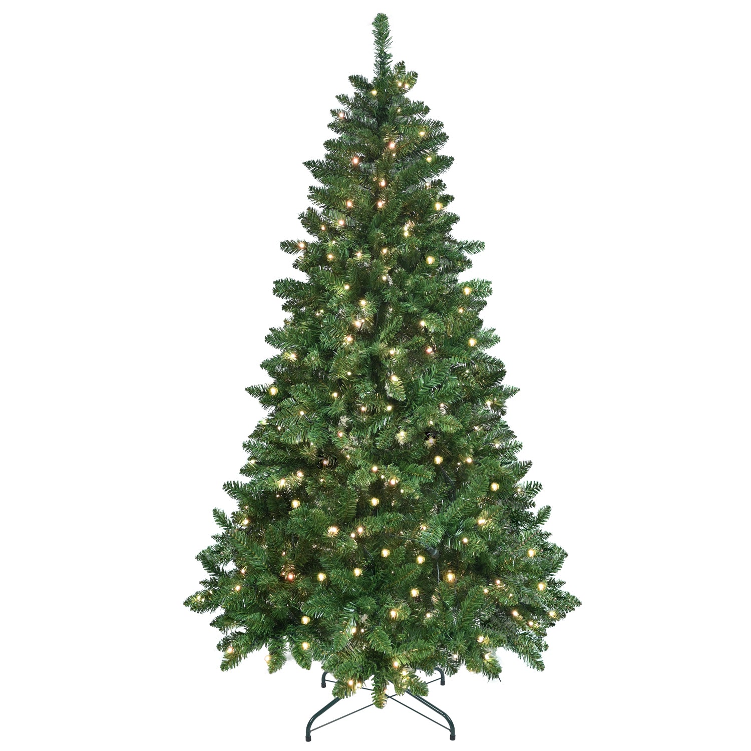 Decorated green Christmas tree with ornaments and wrapped gifts in festive colors