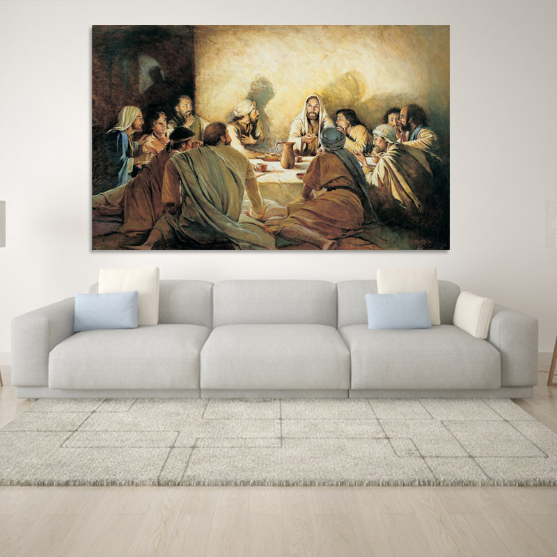 Fresco-style biblical meal artwork on canvas showcasing peaceful fellowship and warm devotional colors