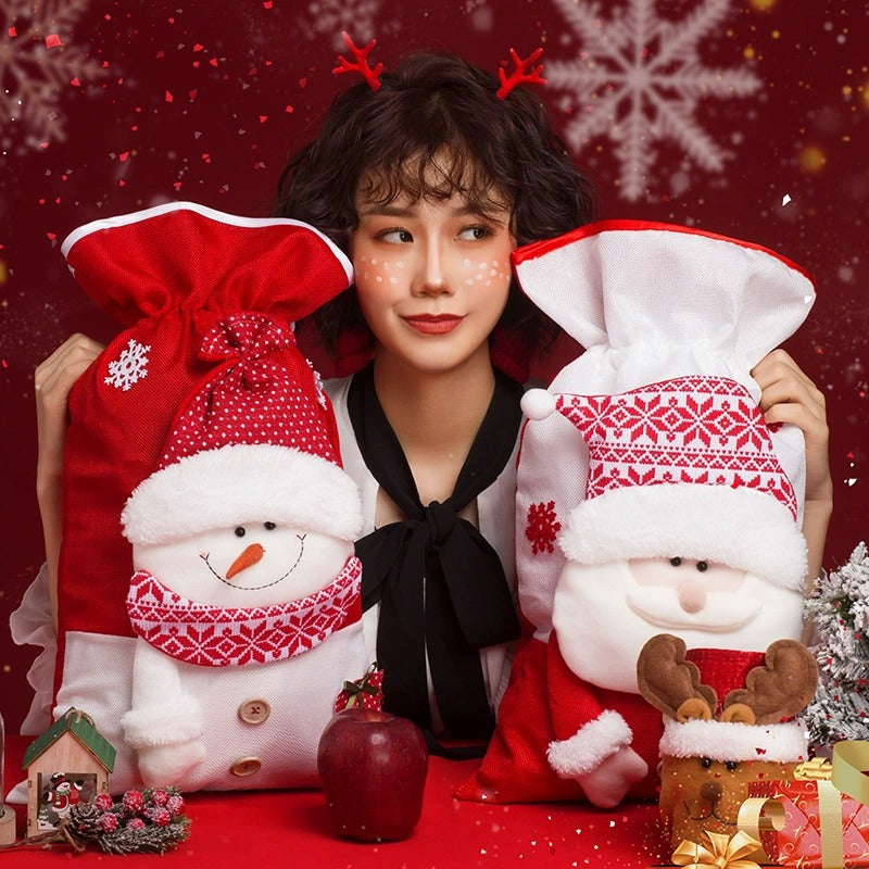 Cotton Christmas gift bag set with Santa, tree, snowman, and teddy bear styles