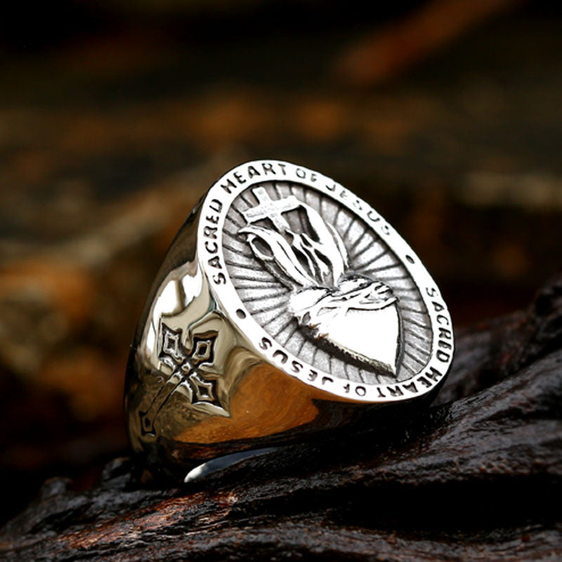 Jesus Sacred Heart cross amulet ring in stainless steel