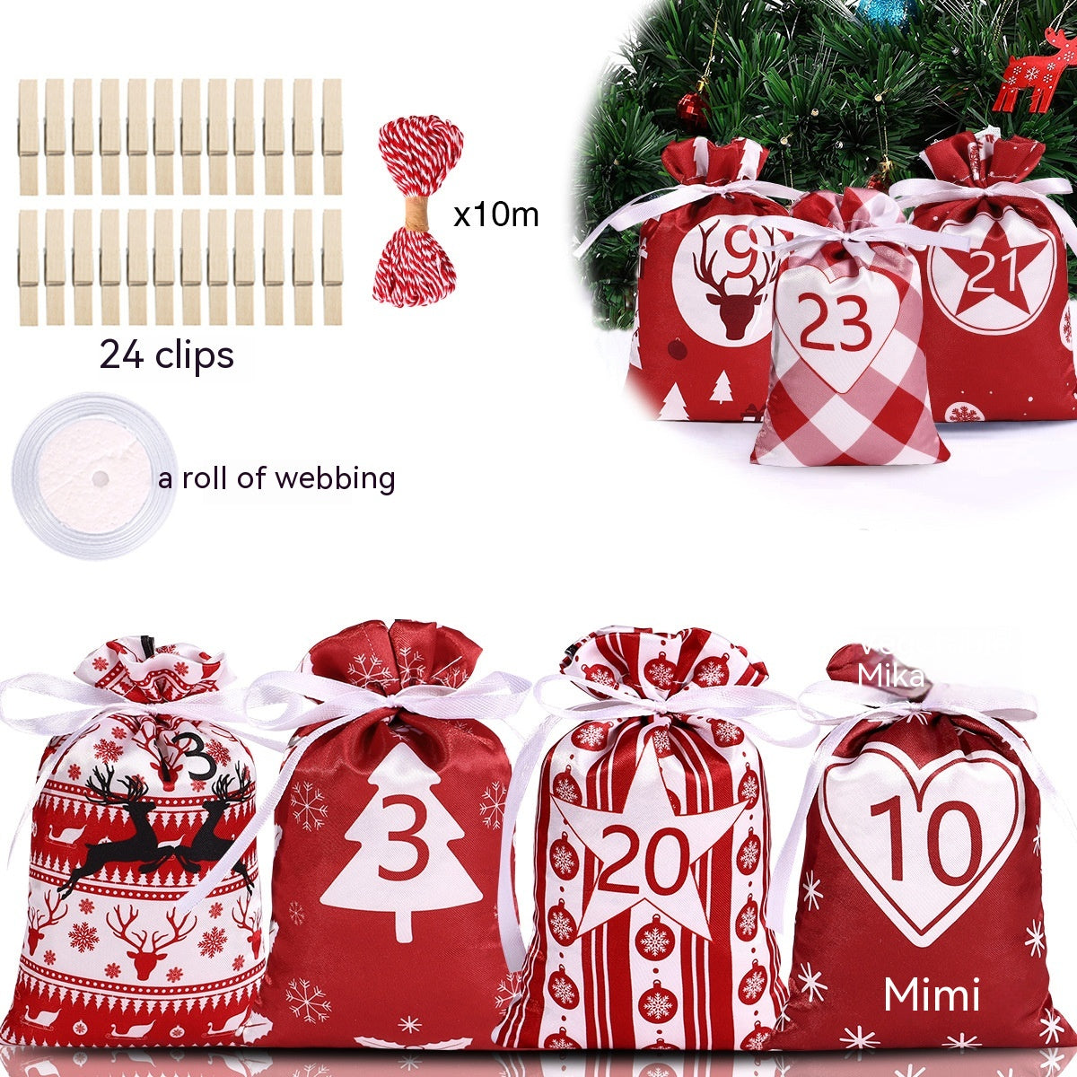 24-piece multicolor Advent calendar gift bag set arranged decoratively for Christmas