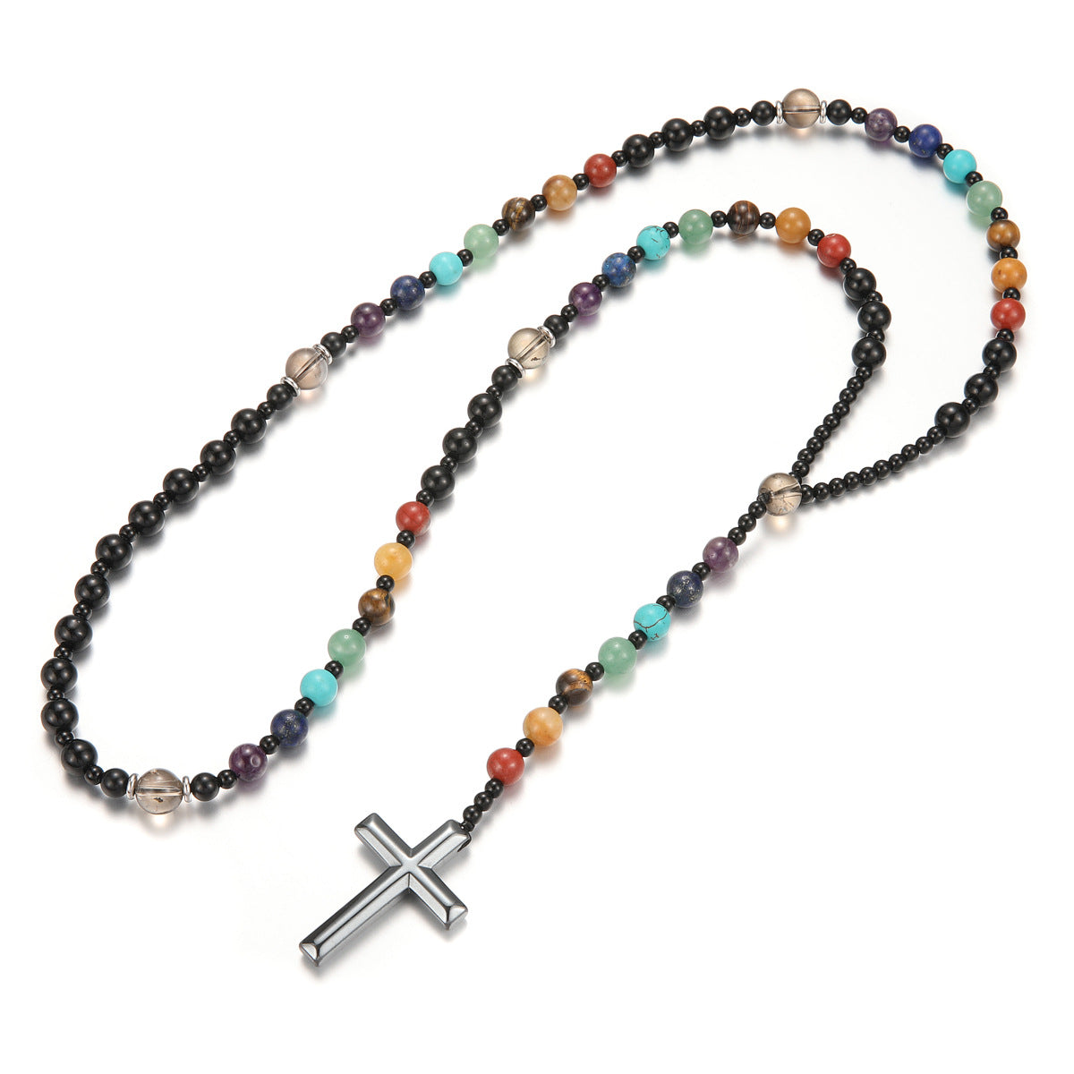 Multicolor gemstone cross rosary necklace with beaded chain design Main image
