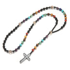 Multicolor gemstone cross rosary necklace with beaded chain design
