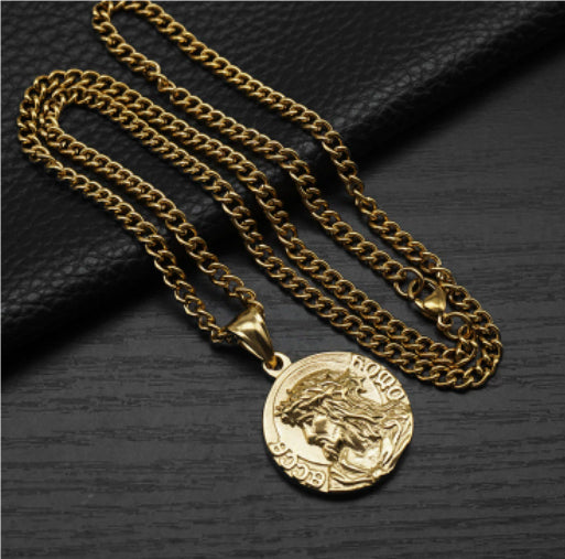 Close-up view of Jesus pendant necklace showing detailed alloy pendant design