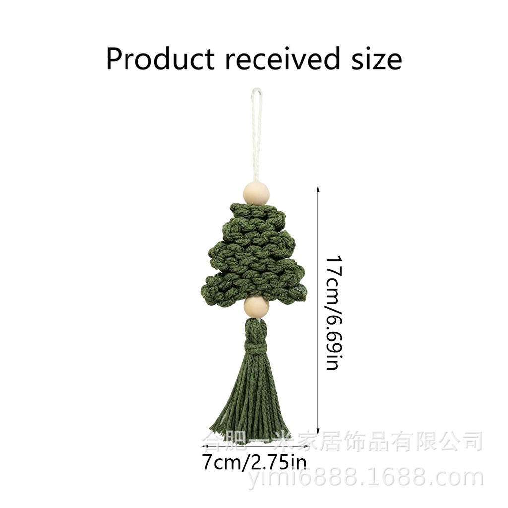 Assorted hand-woven Christmas ornaments in red green and white tones