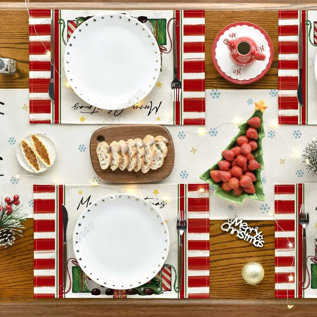Close-up of linen placemat texture showing Nordic Christmas design elements