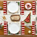 Close-up of linen placemat texture showing Nordic Christmas design elements