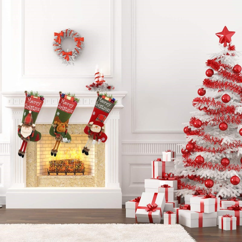 Adorable Reindeer Christmas stocking in brown tones with festive applique design for Christmas tree or mantel display