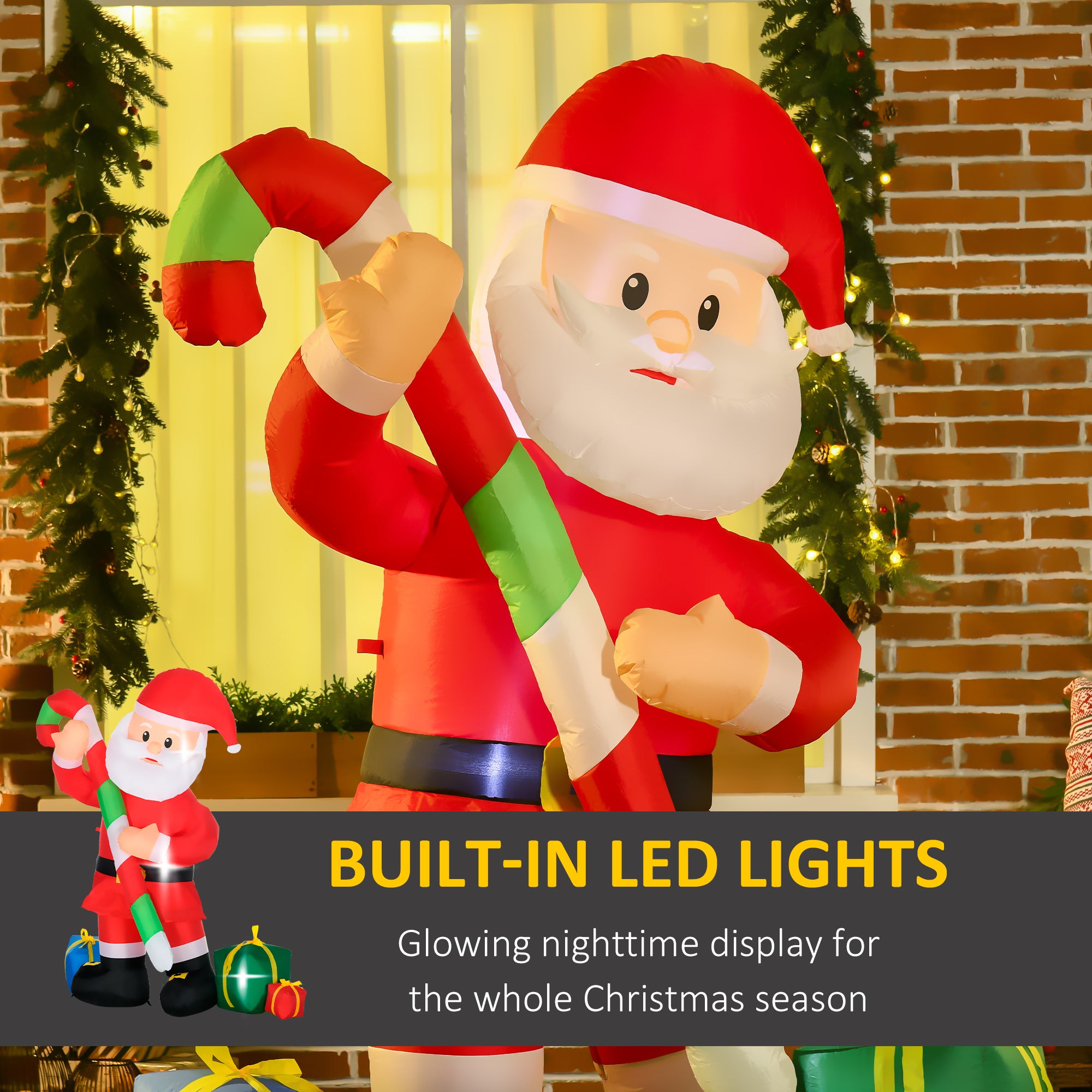 Multi-colored 6-foot Christmas inflatable Santa decoration with candy cane and gift boxes illuminated at night