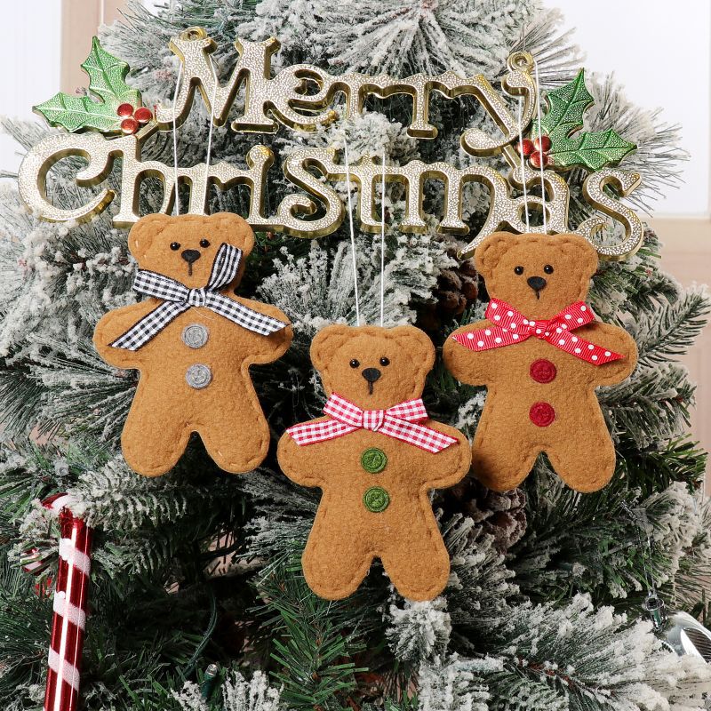 Three cute cookie bear Christmas hanging ornaments in soft non-woven fabric