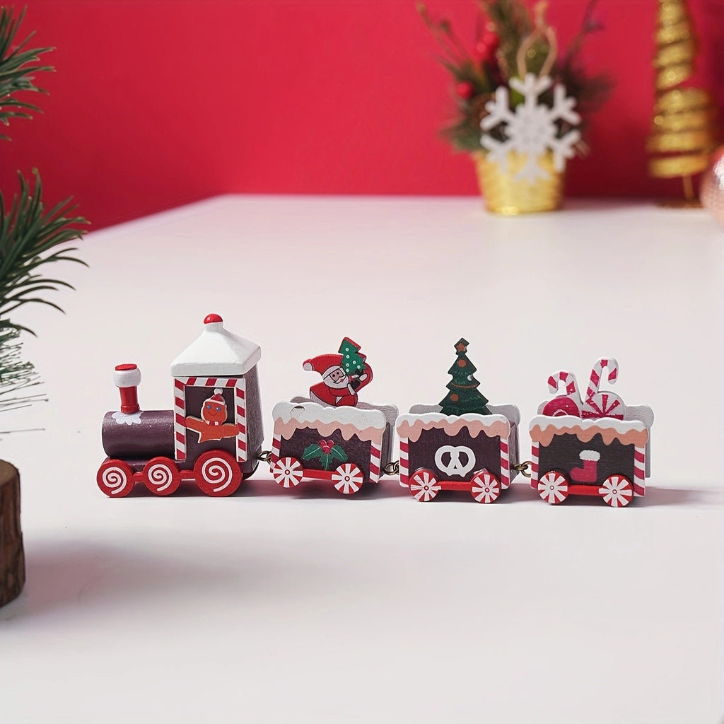 Cozy wooden train Christmas ornament with green accents for holiday display