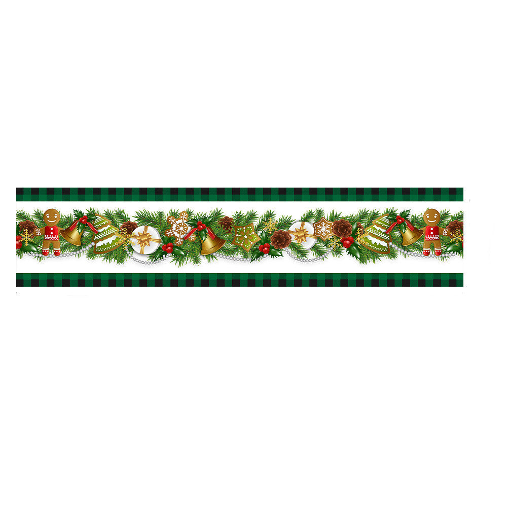 Festive Christmas table runner set on decorated holiday table with candles and greenery