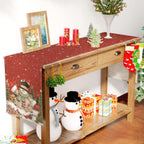 Festive snowman design on linen table runner for Christmas celebrations