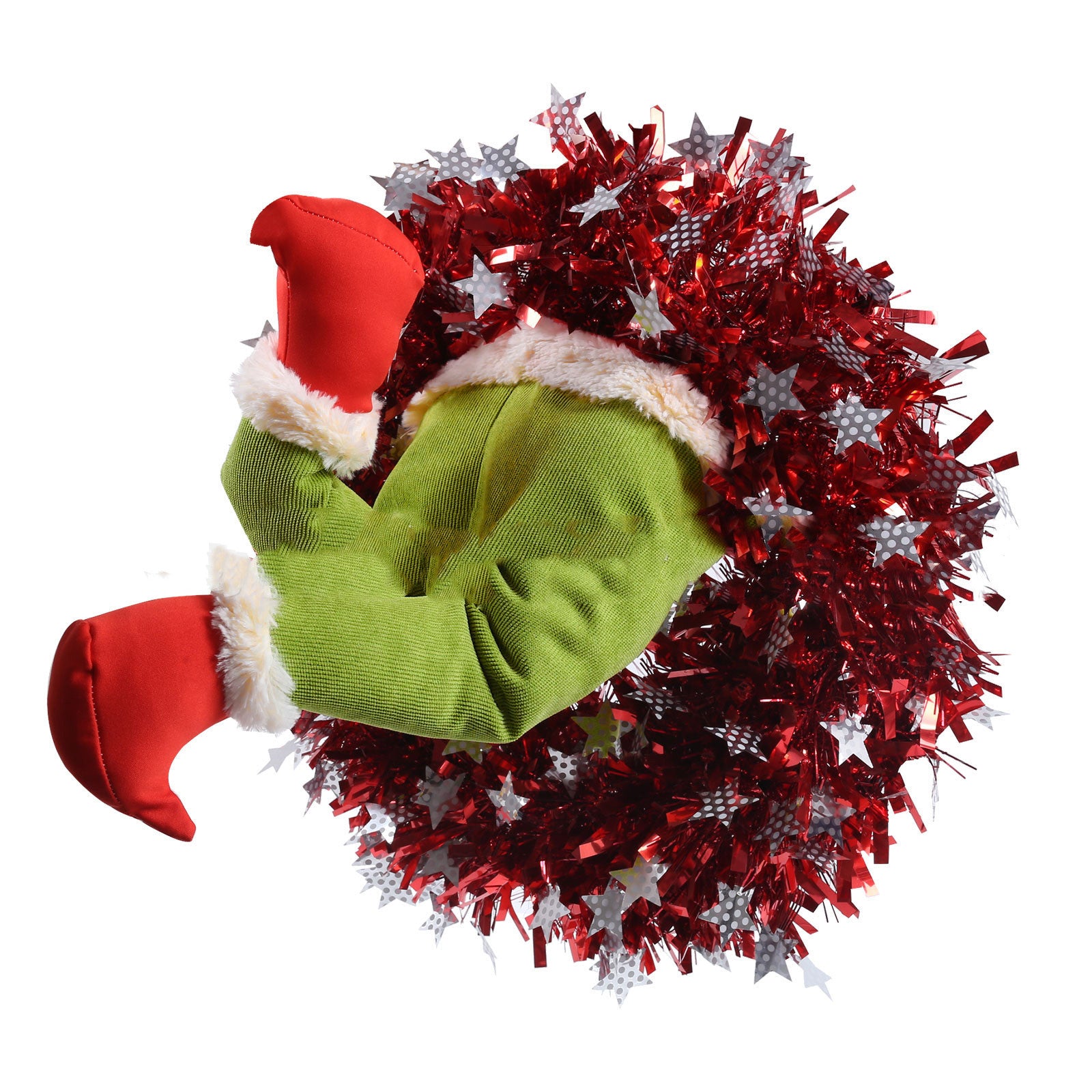 Green prosthetic leg shaped Christmas ornament hanging on tree Main image