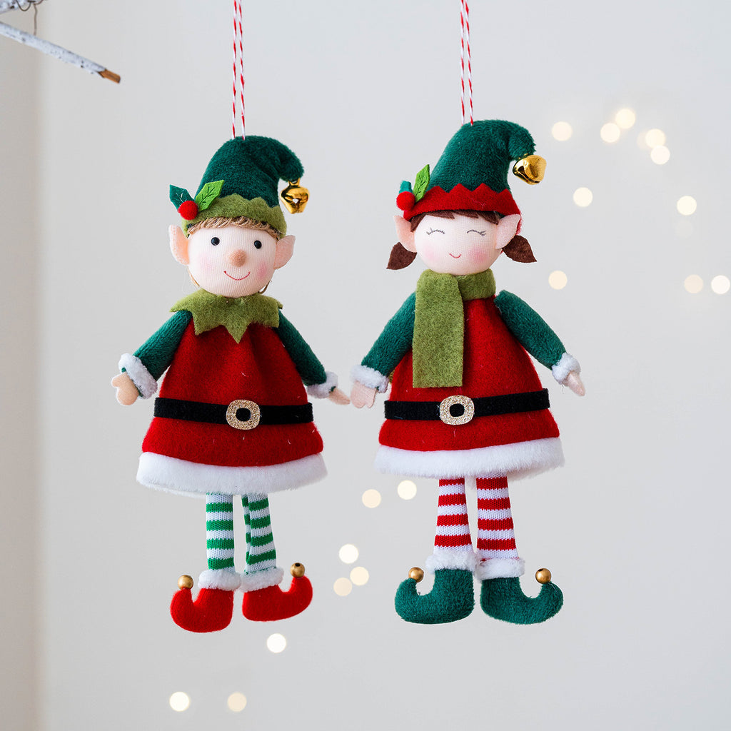 Two Christmas elf doll pendants displayed together, boy and girl variants