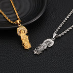 Detailed profile of stainless steel Virgin Mary pendant showing depth