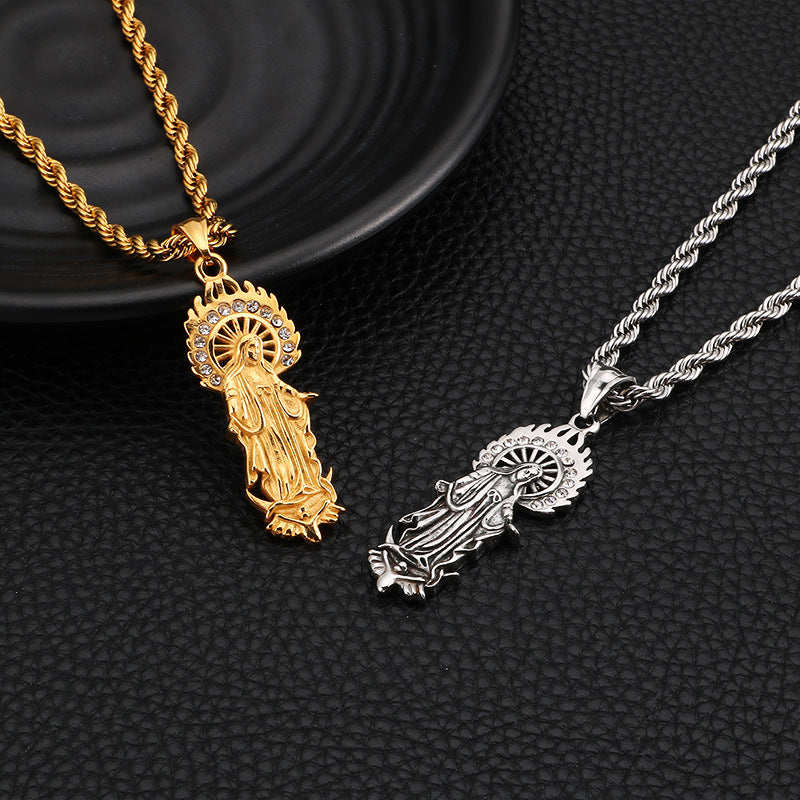 Detailed profile of stainless steel Virgin Mary pendant showing depth
