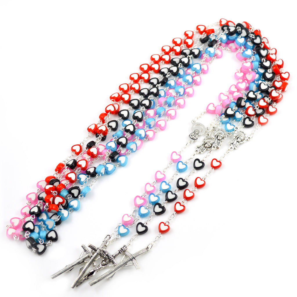 Red black pink sky blue rosary beads on silver-plated chain