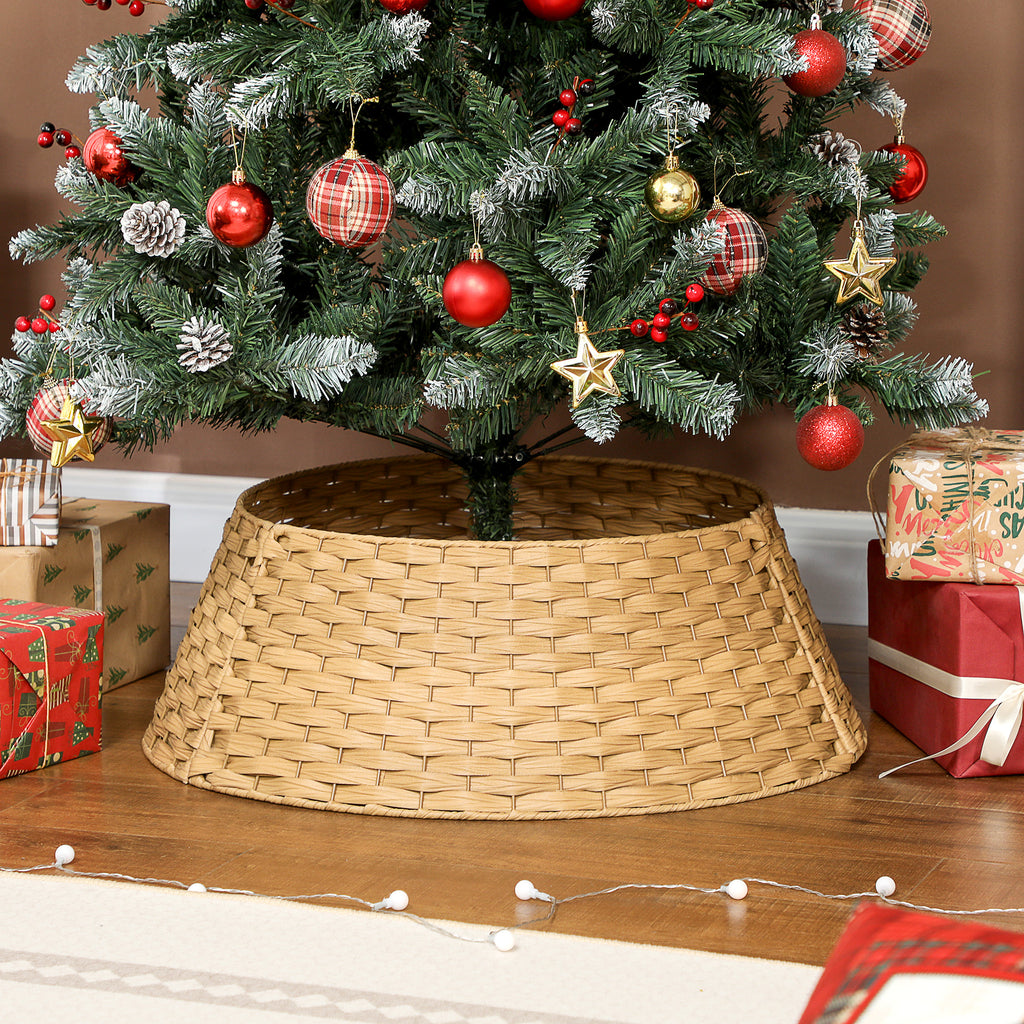 Natural rustic woven Christmas tree collar displayed around a decorated holiday tree in warm living room setting