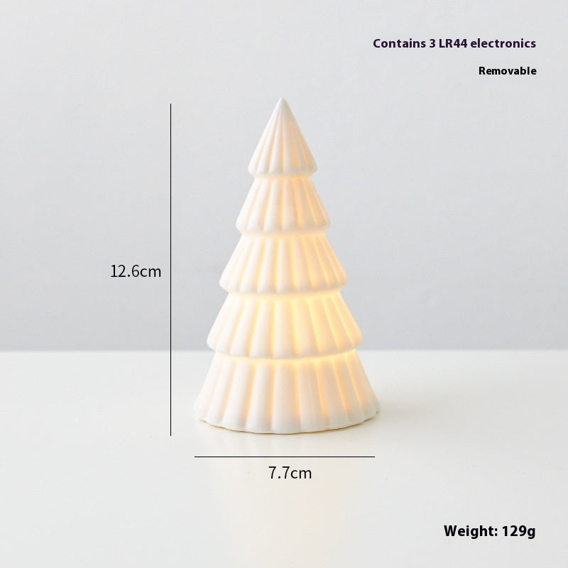 Medium puff tree ceramic decoration in warm white finish for holiday shelf display