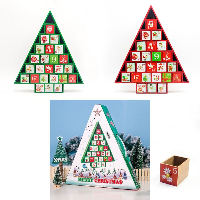 Christmas countdown calendar in wood with decorative red and green holiday accents