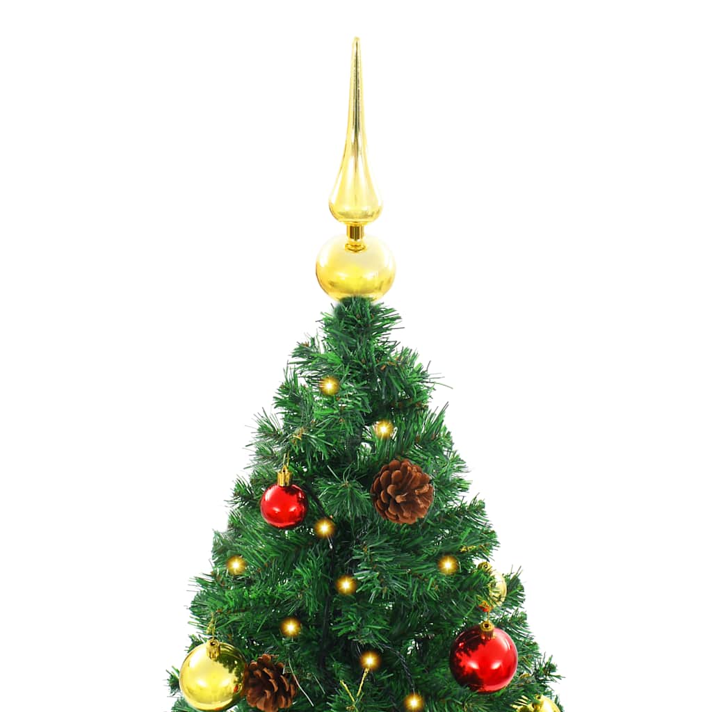 LED pre-lit Christmas tree with red and gold ornaments set against dark background