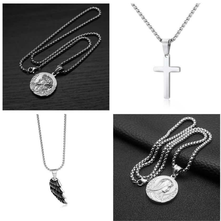 Detailed view of pendant charm featuring Jesus image on chain