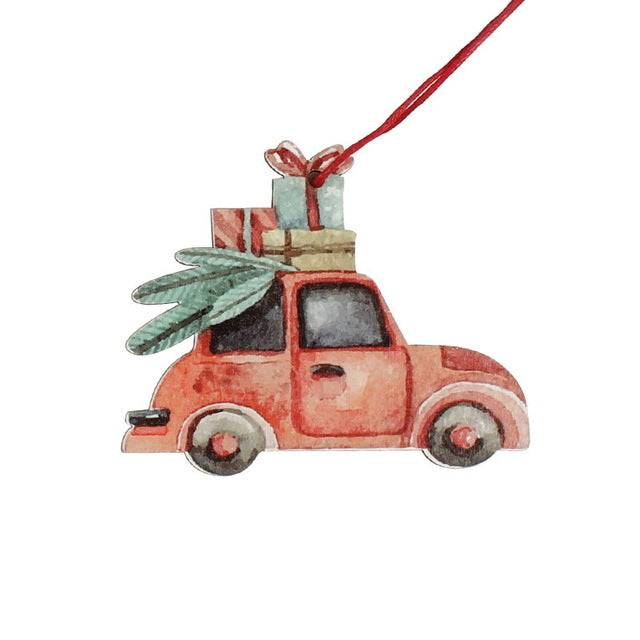 Set of 3 vintage Christmas truck and tree wooden ornaments displayed together, colorful holiday decor