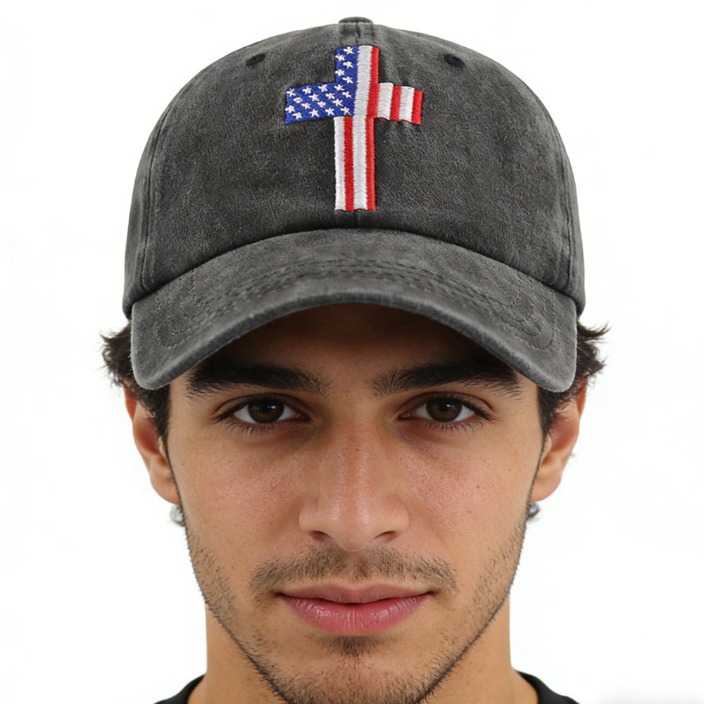 Side profile showing the 2.75-inch brim and embroidered patriotic cross design on the cap