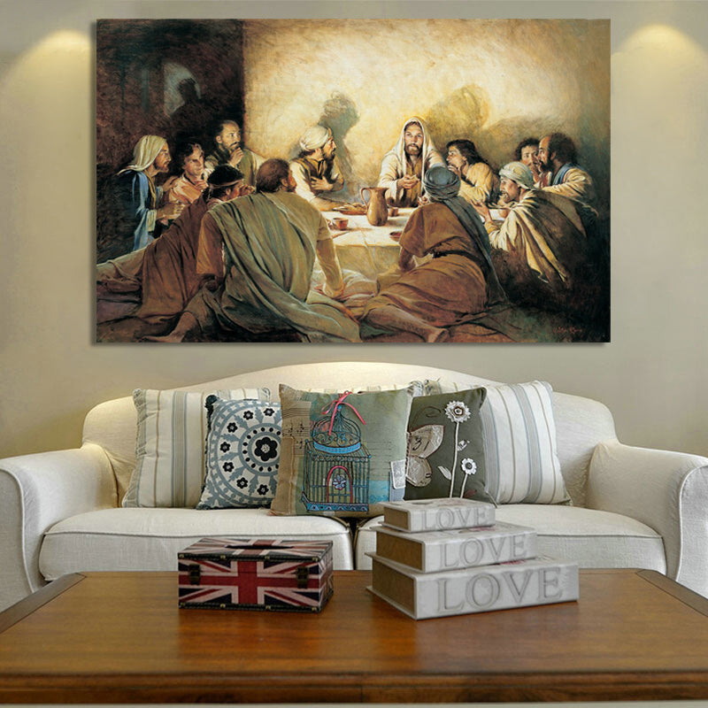 Canvas wall art of Jesus dinner scene displayed in a cozy home setting with faith ambiance