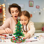 Christmas building blocks with green tree, colorful ornaments, and Santa figurine