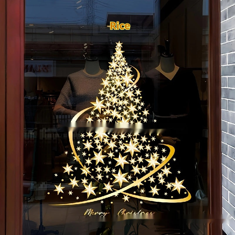 Golden holiday stickers featuring Christmas tree and snowflake design