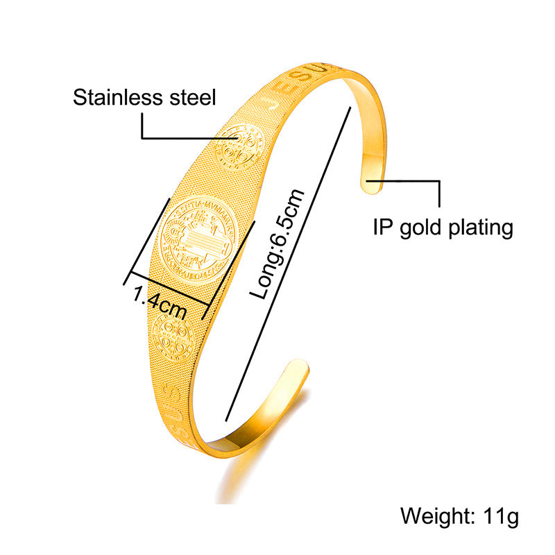 Man wearing Saint Benedict titanium steel bracelet in lifestyle setting